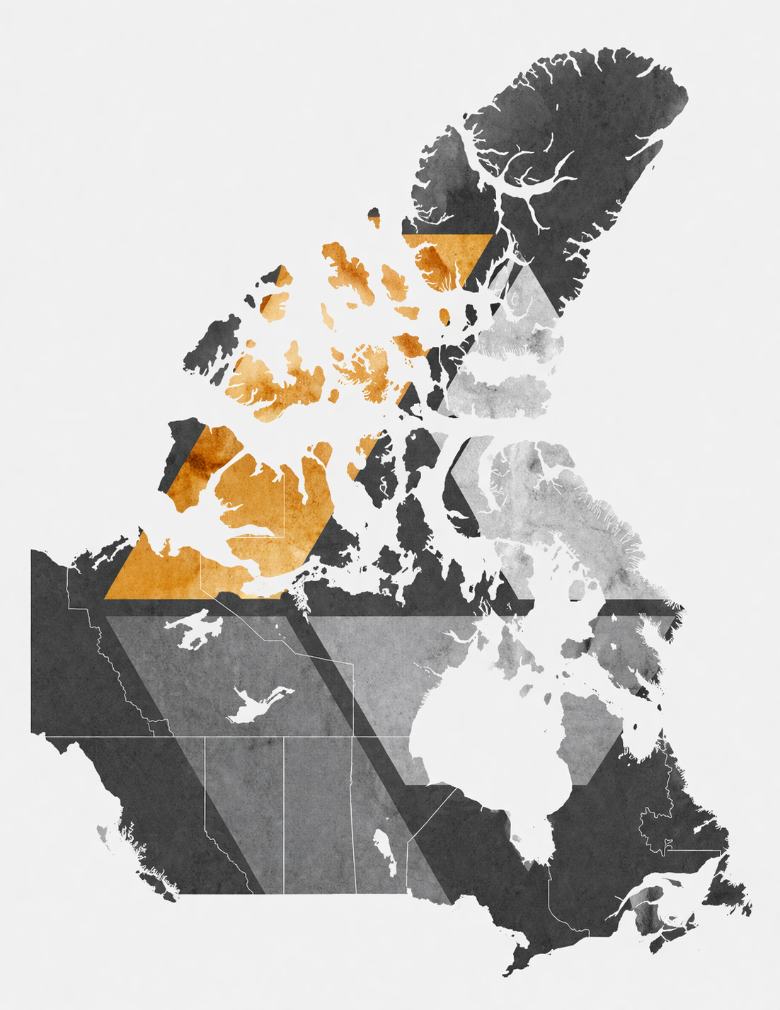 A stylized map of Canada shown in grayscale, with select northern and western regions highlighted in gold. Provincial and territorial boundaries are faintly outlined on a light background.
