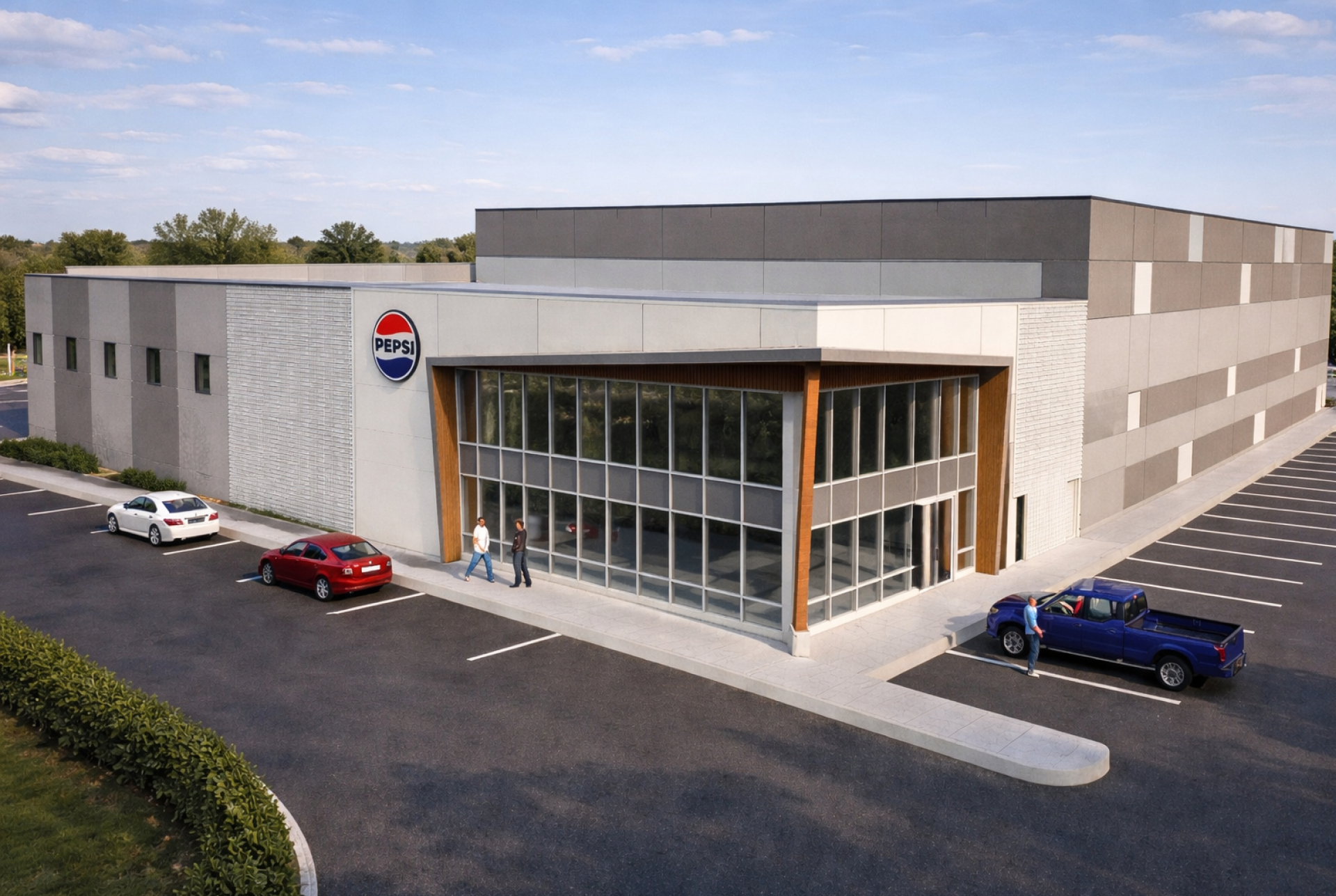 A modern commercial building with a light gray and beige exterior features a glass‑corner entrance framed with wood accents. The Pepsi logo is mounted on the facade, with parked cars and a paved lot surrounding the building.