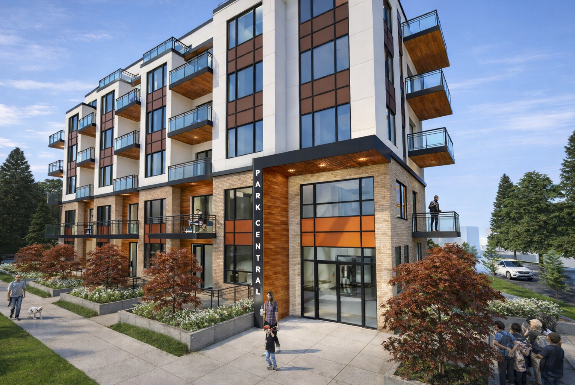 A rendered view of a mid‑rise residential building with stacked balconies, large windows, and mixed light and dark exterior panels. A corner entrance labeled “Park Central” fronts a landscaped sidewalk with trees and people.