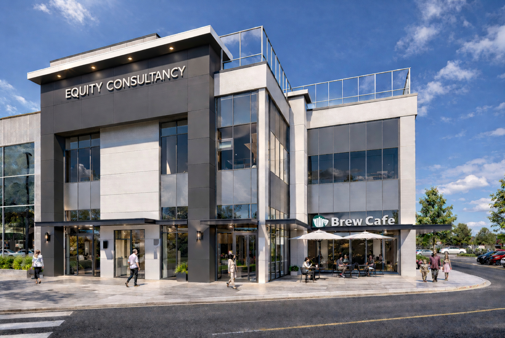 A modern three‑storey commercial building with dark and light exterior panels and large glass windows. Ground‑floor signage reads “Equity Consultancy” and “Brew Cafe,” with outdoor seating and pedestrians on the sidewalk.