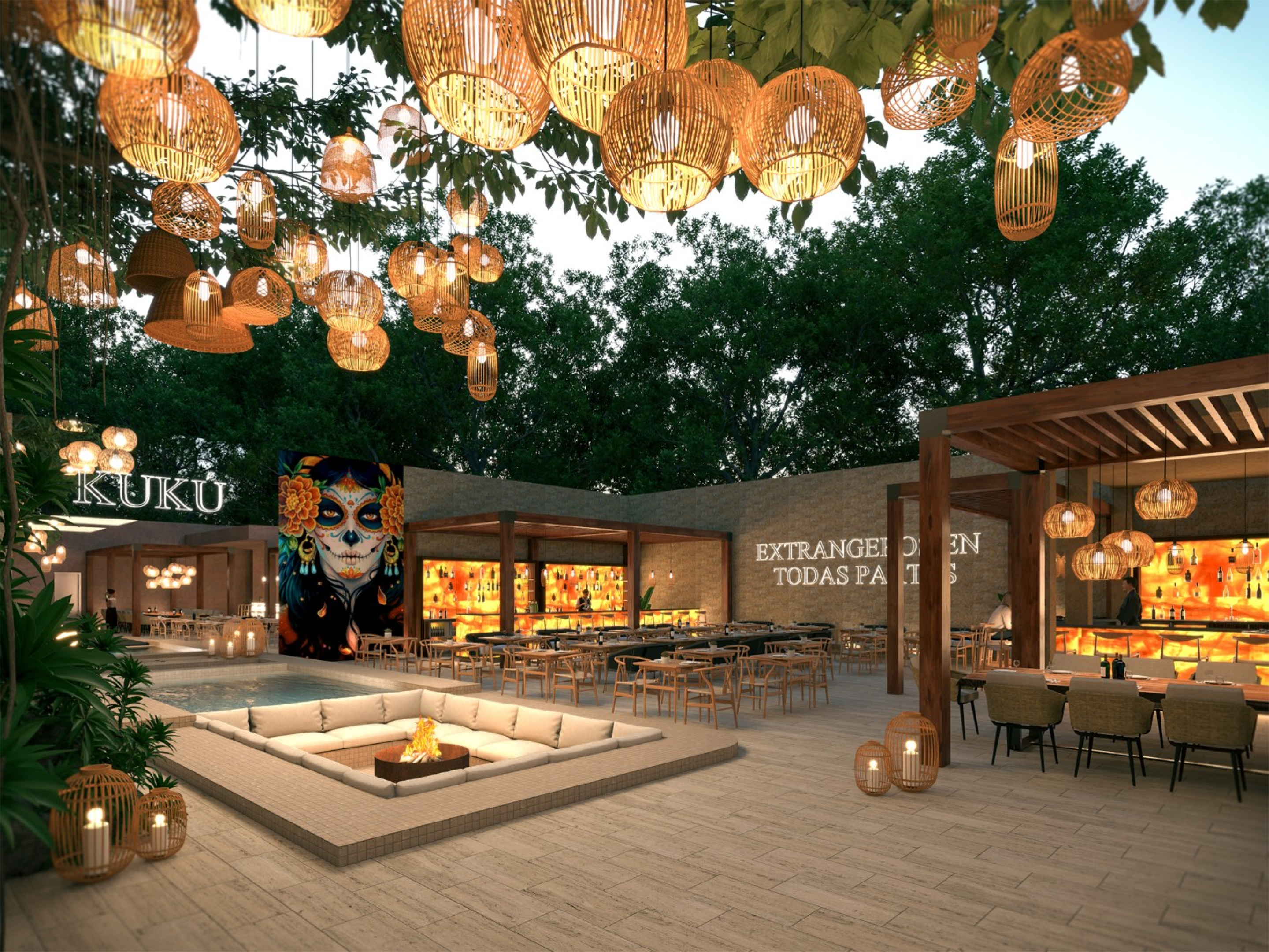 An outdoor restaurant courtyard with a central sunken lounge and surrounding dining tables. Warm woven pendant lights hang overhead, with greenery, a bar pavilion, and evening lighting creating a relaxed, inviting atmosphere.