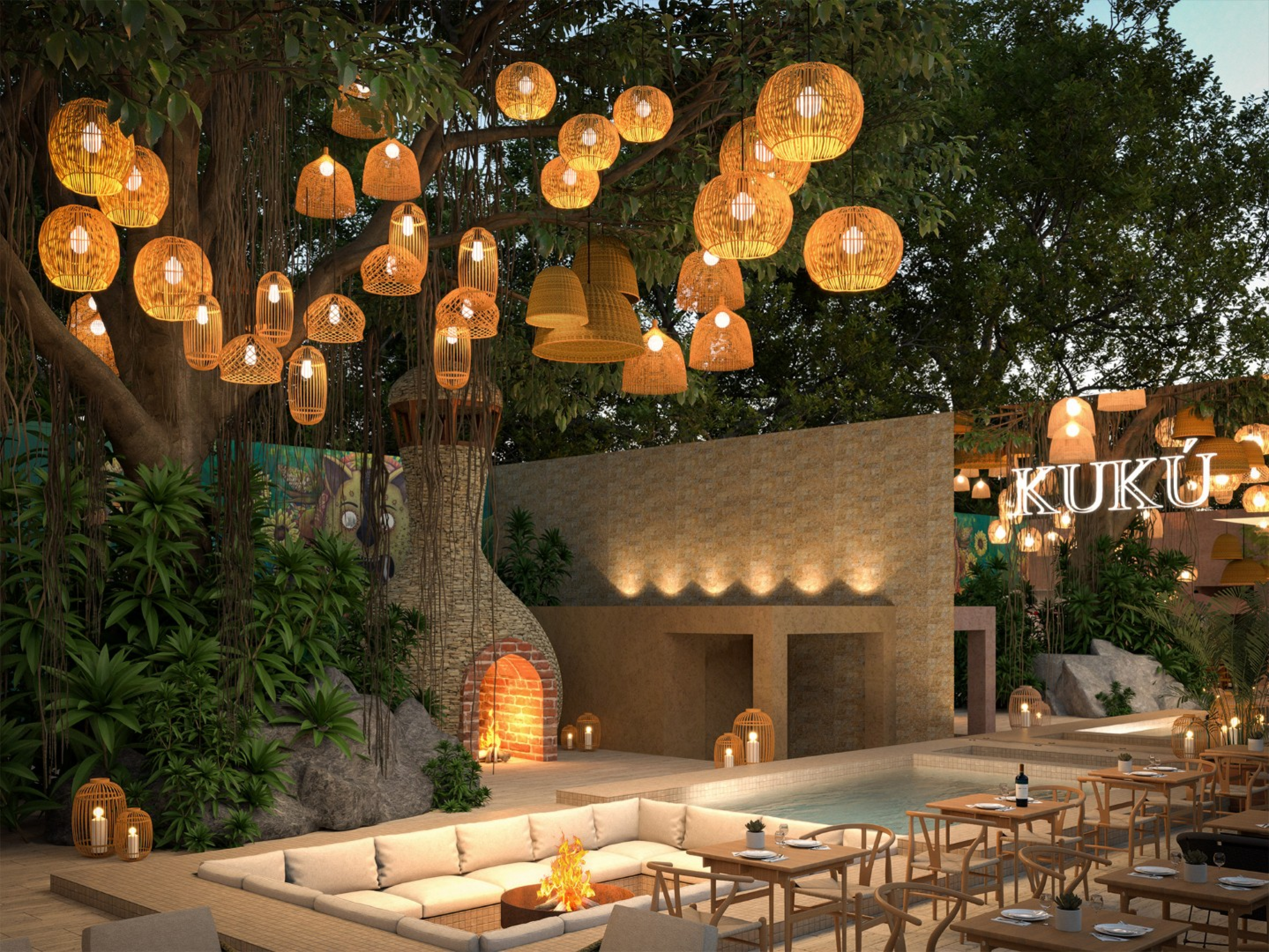 An outdoor restaurant courtyard with a pool, lounge seating, and dining tables surrounded by lush greenery. Woven lanterns and pendant lights hang overhead, creating a warm, inviting evening atmosphere.