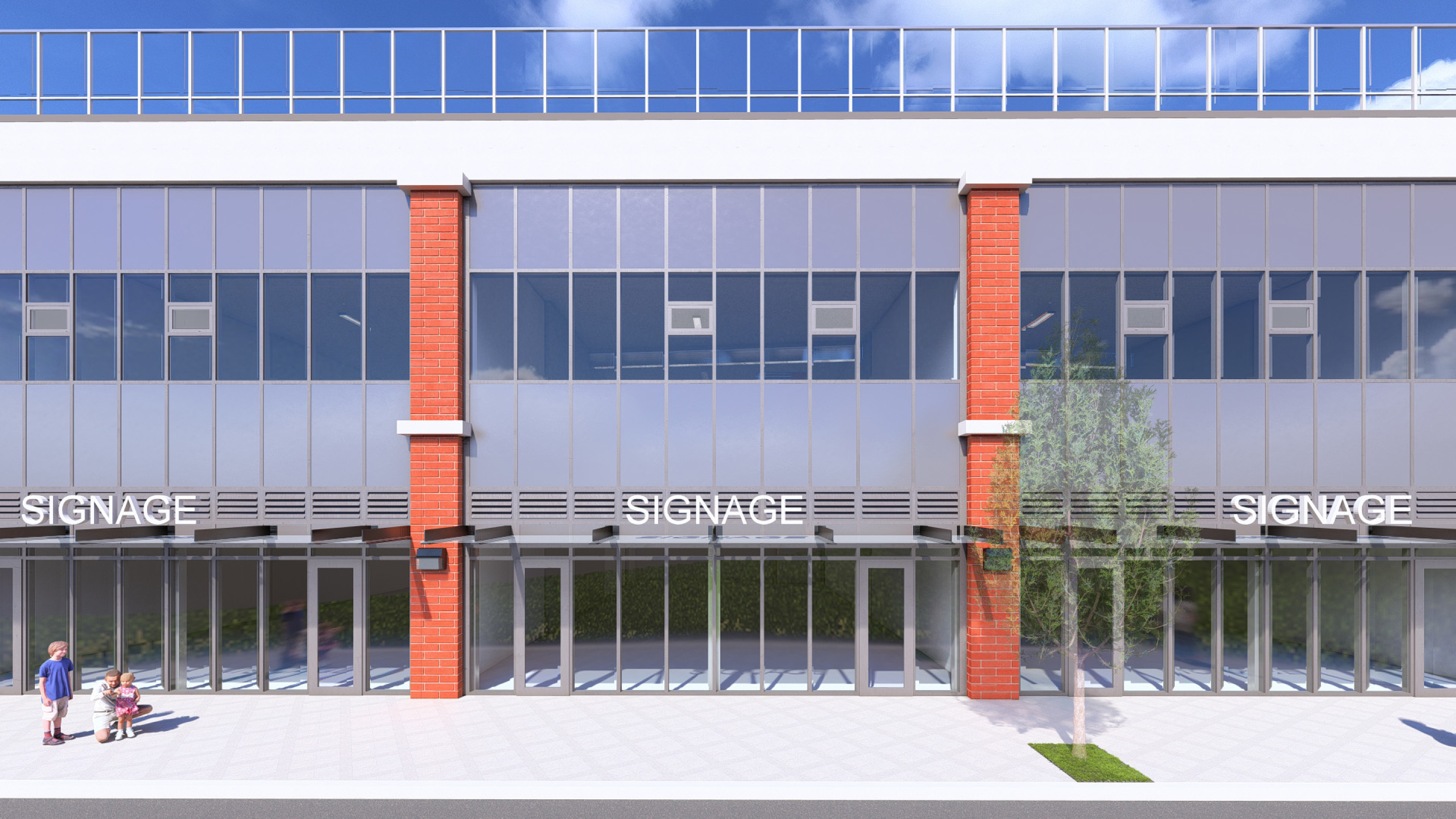 A rendered view of a modern three‑storey commercial building with brick columns, large glass storefronts, and placeholder “SIGNAGE” above the entrances. Pedestrians stand along a wide sidewalk beneath a bright blue sky.