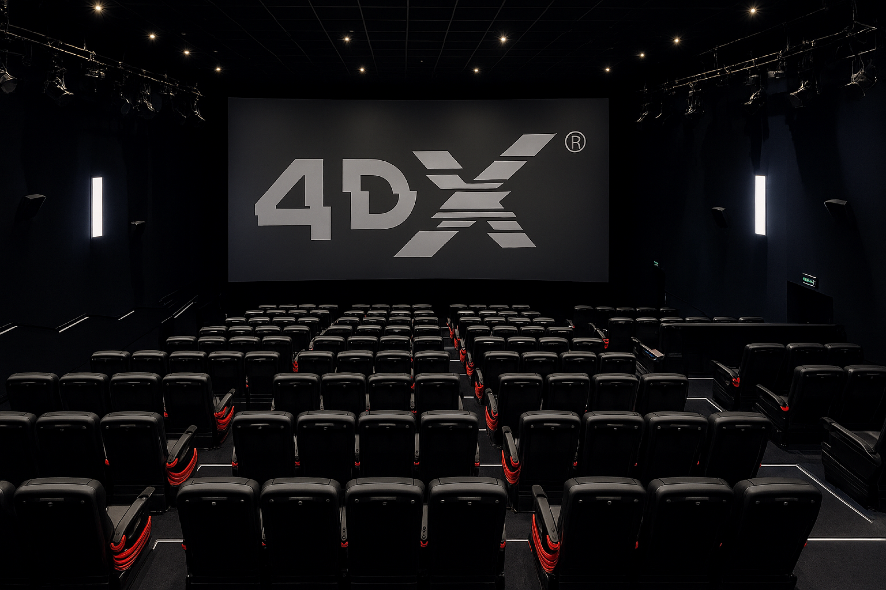 A 4DX movie theatre auditorium with rows of black motion seats facing a large screen displaying the “4DX” logo. The dark room features illuminated aisle indicators, wall lights, and ceiling-mounted effects equipment.
