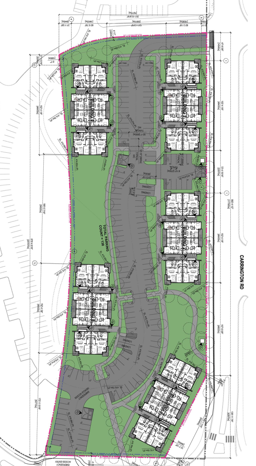 A site plan drawing showing the layout of a residential development with multiple building blocks arranged along internal roads and parking areas. Green spaces, pathways, landscaping, and surrounding streets are clearly labeled within the property bo