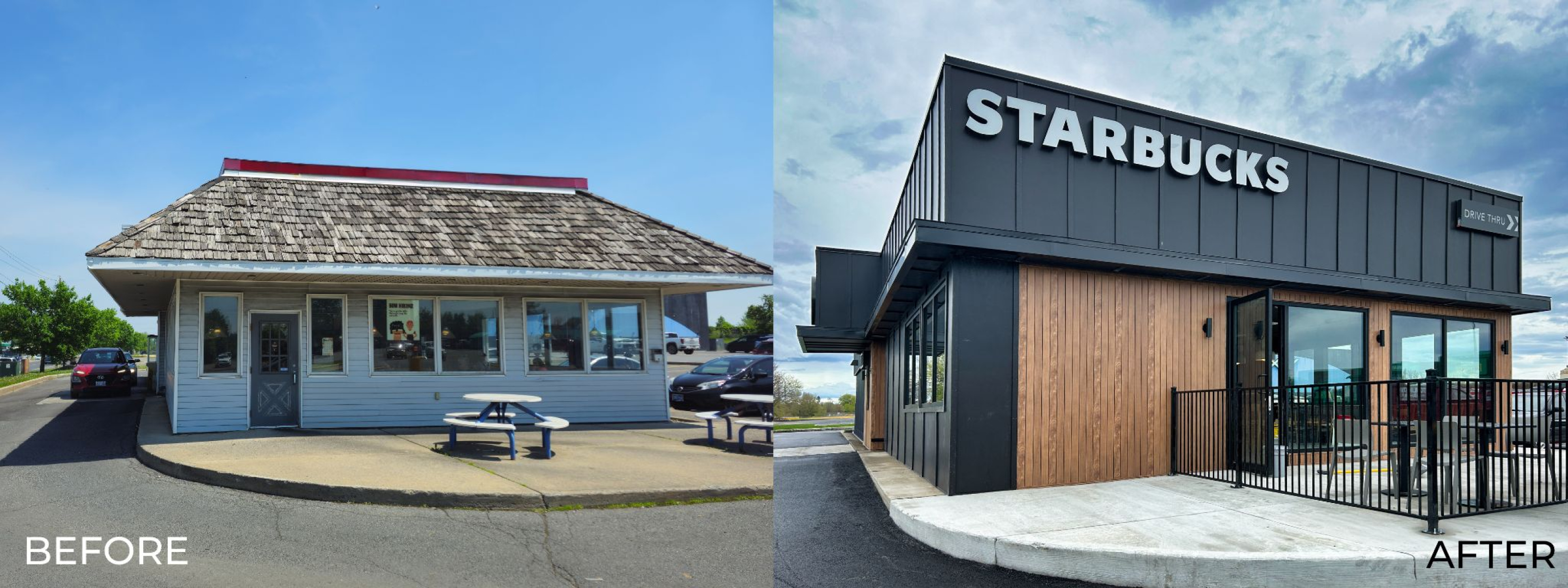 A side-by-side comparison shows a small, light‑coloured Starbucks building with a shingled roof before renovation, and a modern replacement after, featuring dark metal cladding, wood accents, large windows, and updated signage.