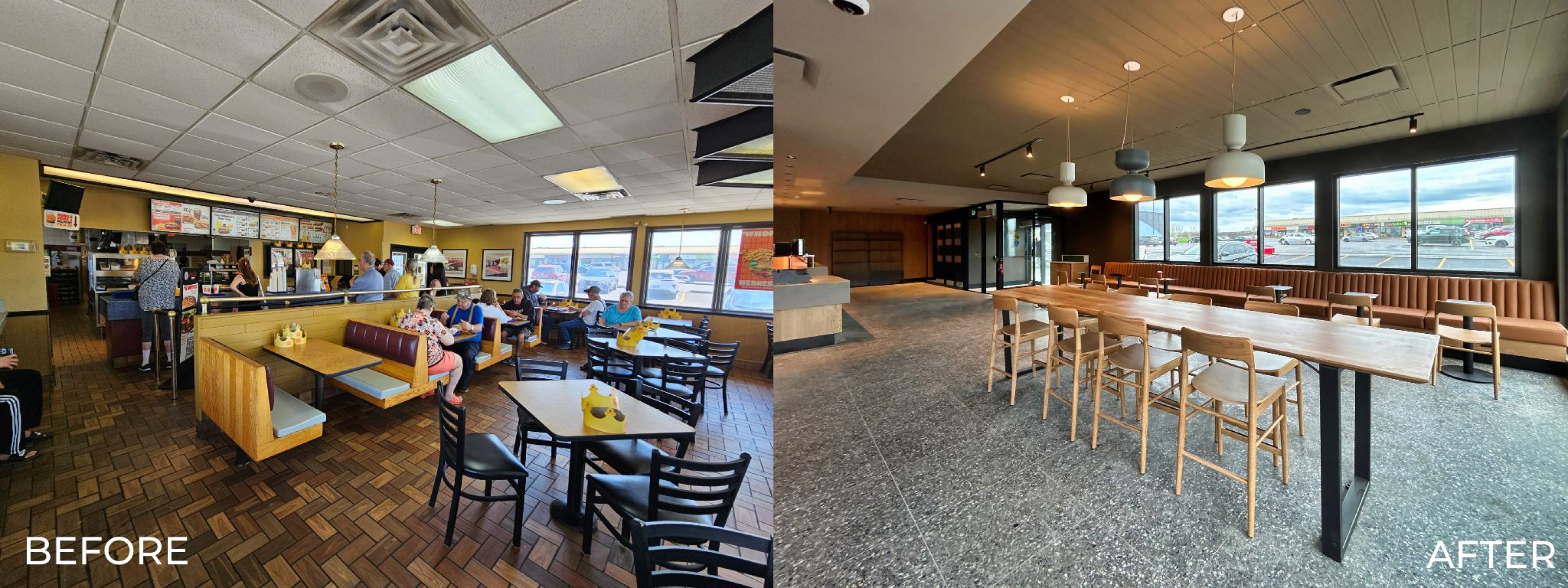 A side‑by‑side before‑and‑after view of a restaurant interior shows an older dining space with booths and tiled floors on the left, and a renovated, modern interior on the right with wood tables, updated lighting, and open seating.