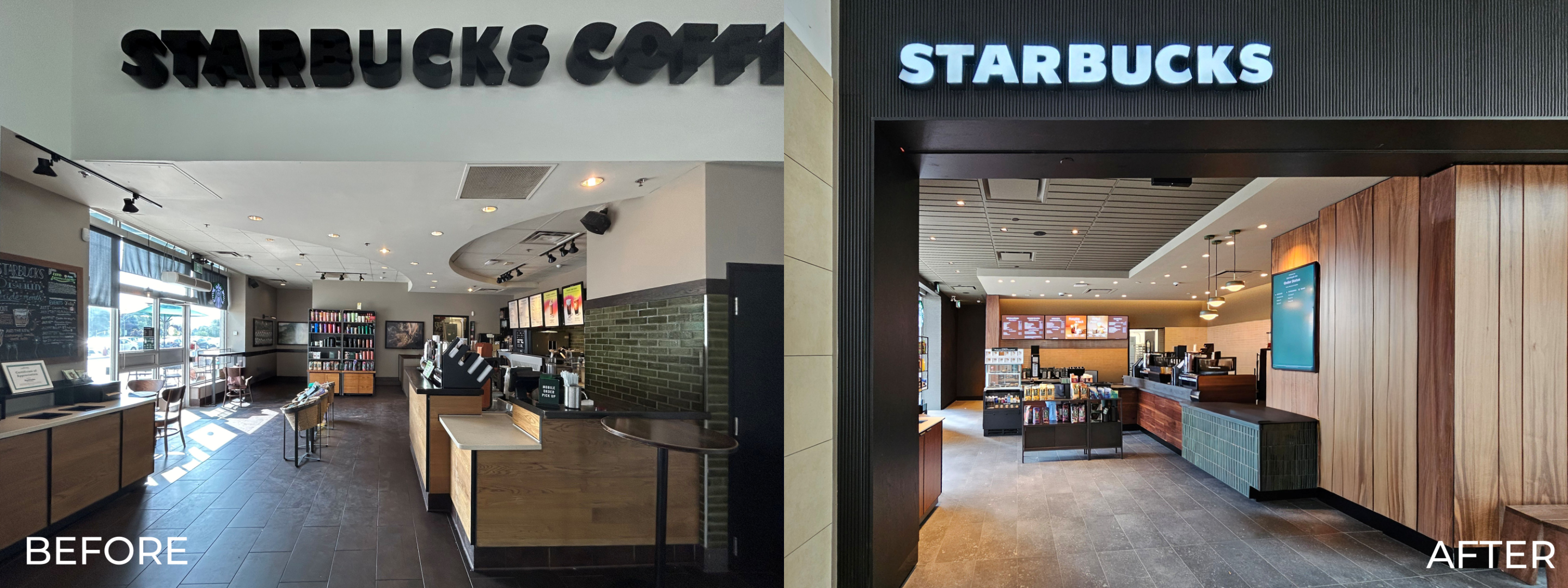 A side‑by‑side comparison of a Starbucks entrance shows the original interior on the left and a renovated design on the right, featuring updated wood finishes, brighter lighting, and a modernized service counter and entryway.