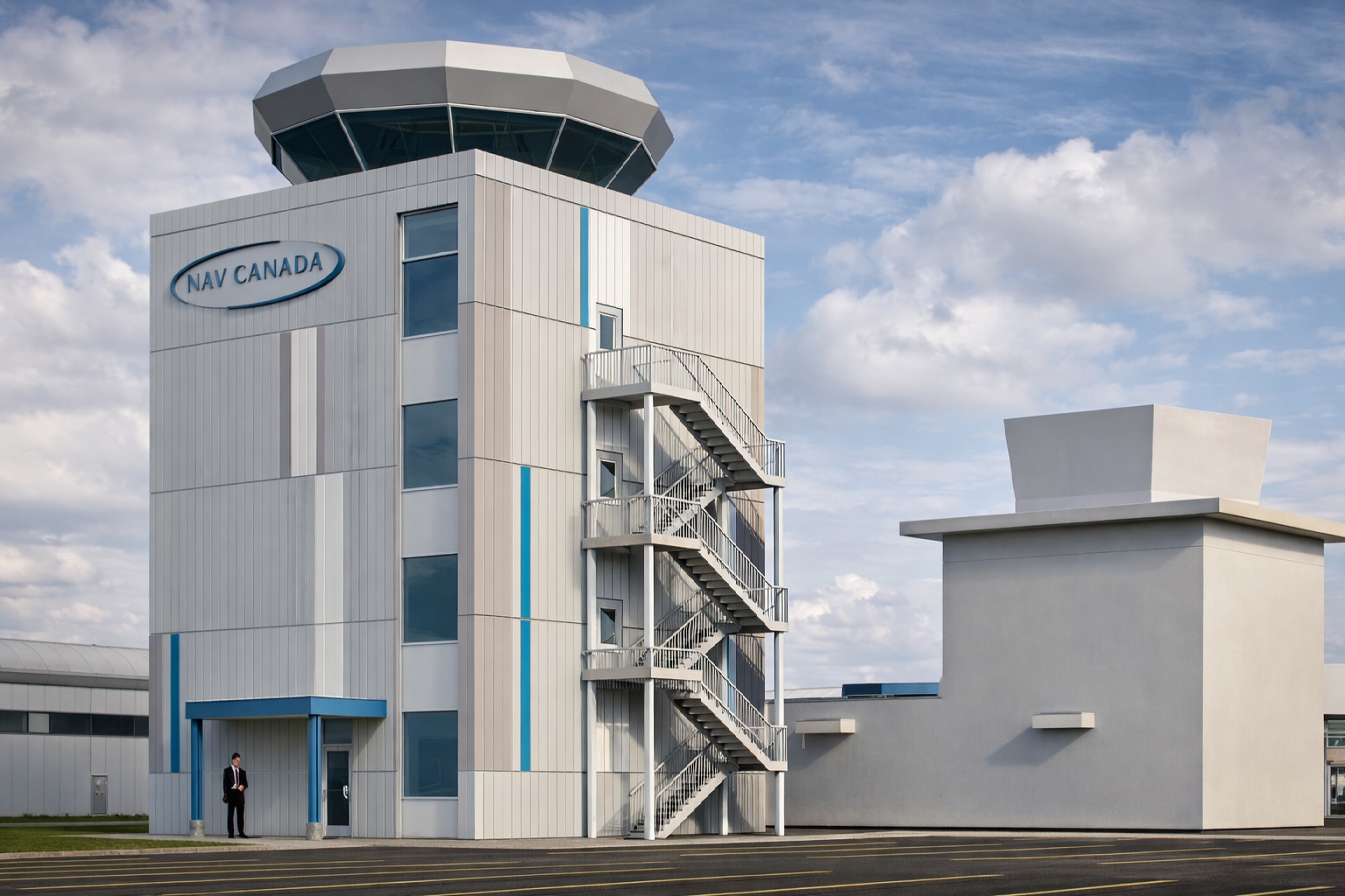 A NAV CANADA air traffic control tower with a light gray metal exterior, vertical blue accents, and an exterior stairwell. The tower stands on a paved site beside a low auxiliary building under a partly cloudy sky.
