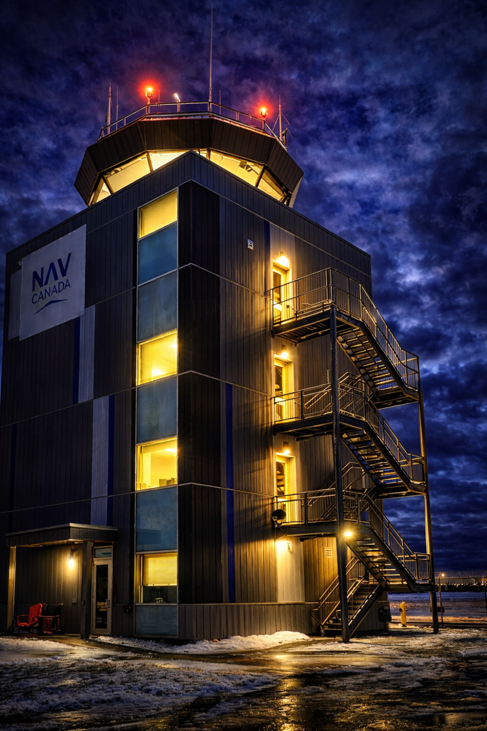 A NAV CANADA air traffic control tower at night with illuminated windows and exterior staircases. Red aviation lights glow atop the control room, highlighting the dark metal facade against a cloudy night sky.
