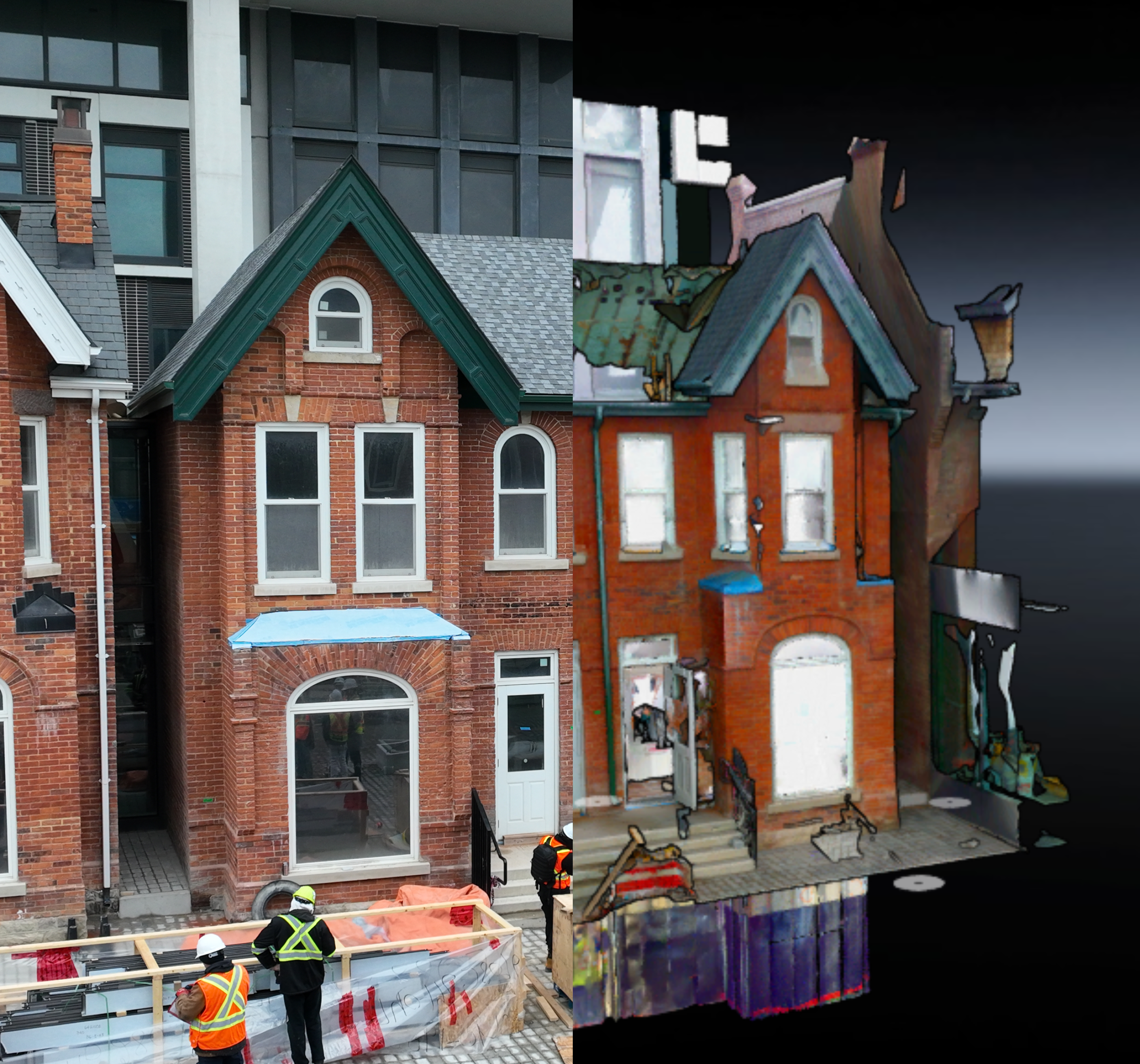 A side‑by‑side comparison shows a brick residential building on a city street beside its textured 3D scan model. The scan highlights the building’s rooflines, windows, and facade geometry against a dark background.
