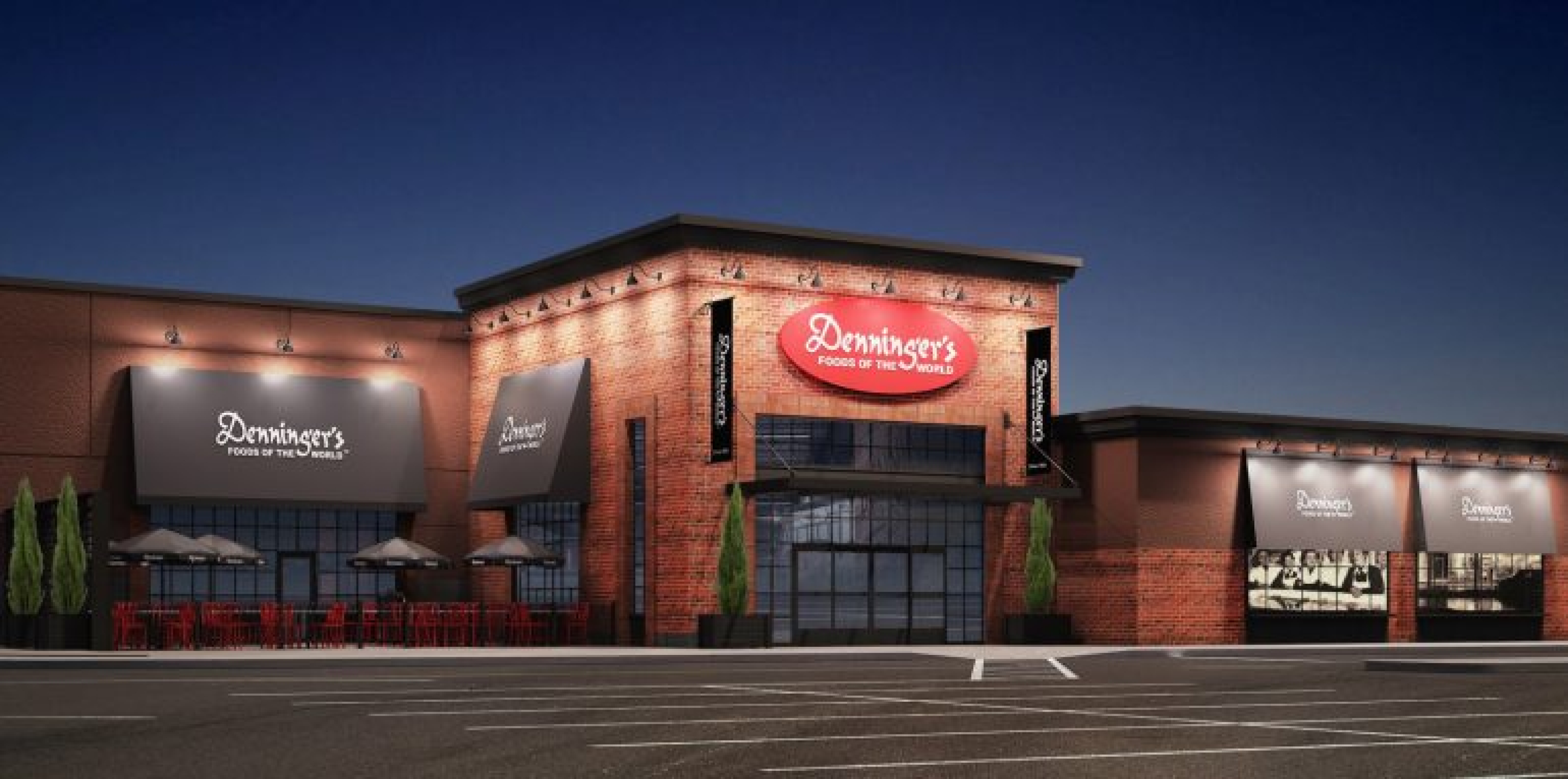 A night‑time rendering of a Denninger’s grocery store with a brick exterior, large glass entrance, and illuminated red “Denninger’s Foods of the World” sign. Accent lighting highlights the facade against a dark sky.