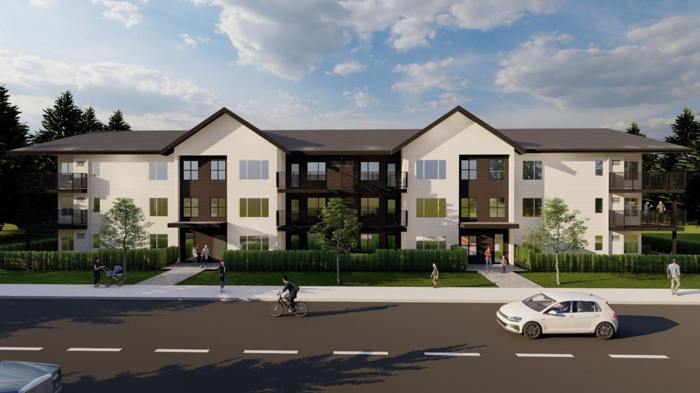 A rendered view of a three‑storey residential apartment building with light siding, dark rooflines, and central balconies facing a landscaped street. Sidewalks, trees, parked cars, and people walking and cycling appear in the foreground under a partl
