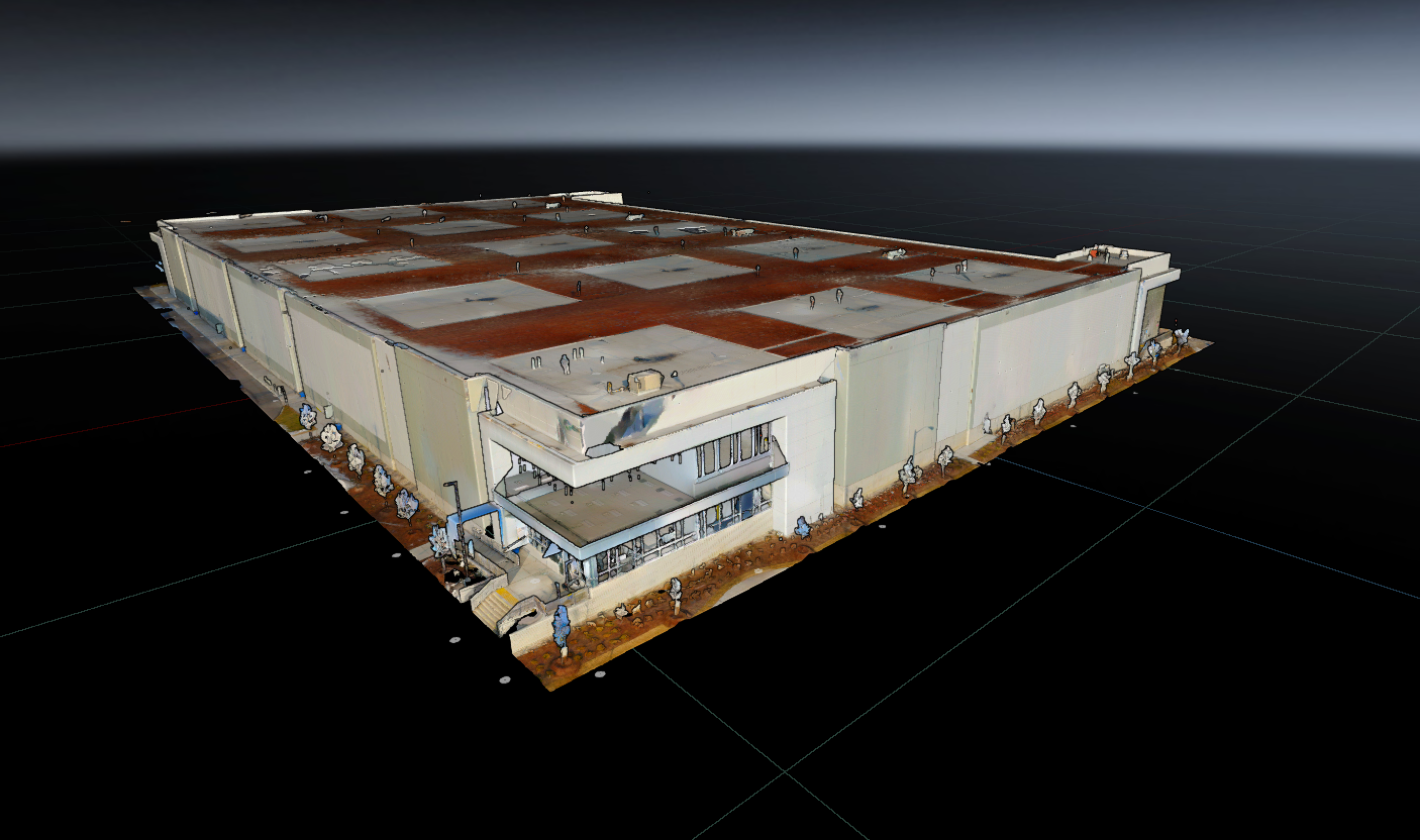 A textured 3D scan model of a large industrial building viewed from an elevated angle. The image shows roof sections, exterior walls, and surrounding ground features isolated against a dark background.