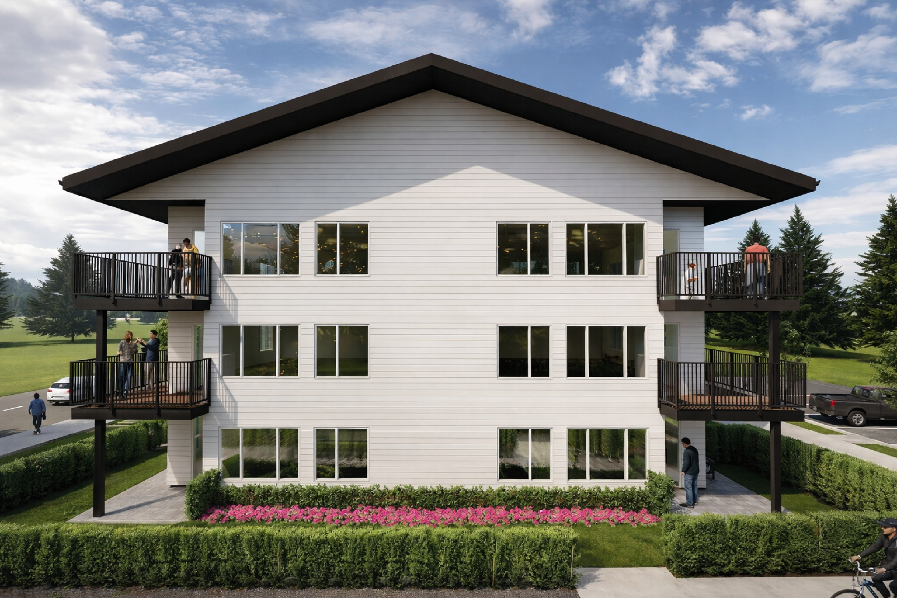 A rendered end view of a three‑storey apartment building with light siding, a peaked roof, and balconies on both sides. Landscaped hedges, flowering plants, and a sidewalk border the building under a partly cloudy sky.