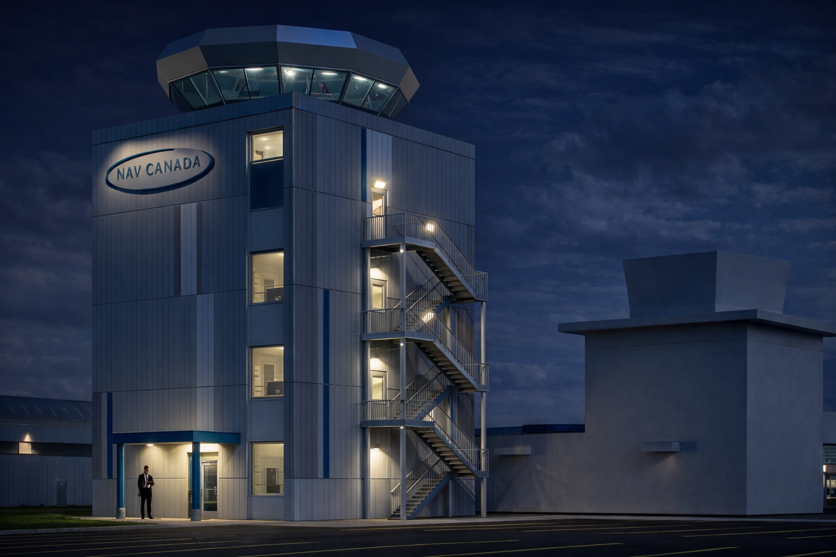 A NAV CANADA air traffic control tower at night with a light gray metal exterior, vertical blue accents, and an exterior stairwell illuminated by building lights. The antenna‑topped control room stands beside a low auxiliary building under a dark, cl