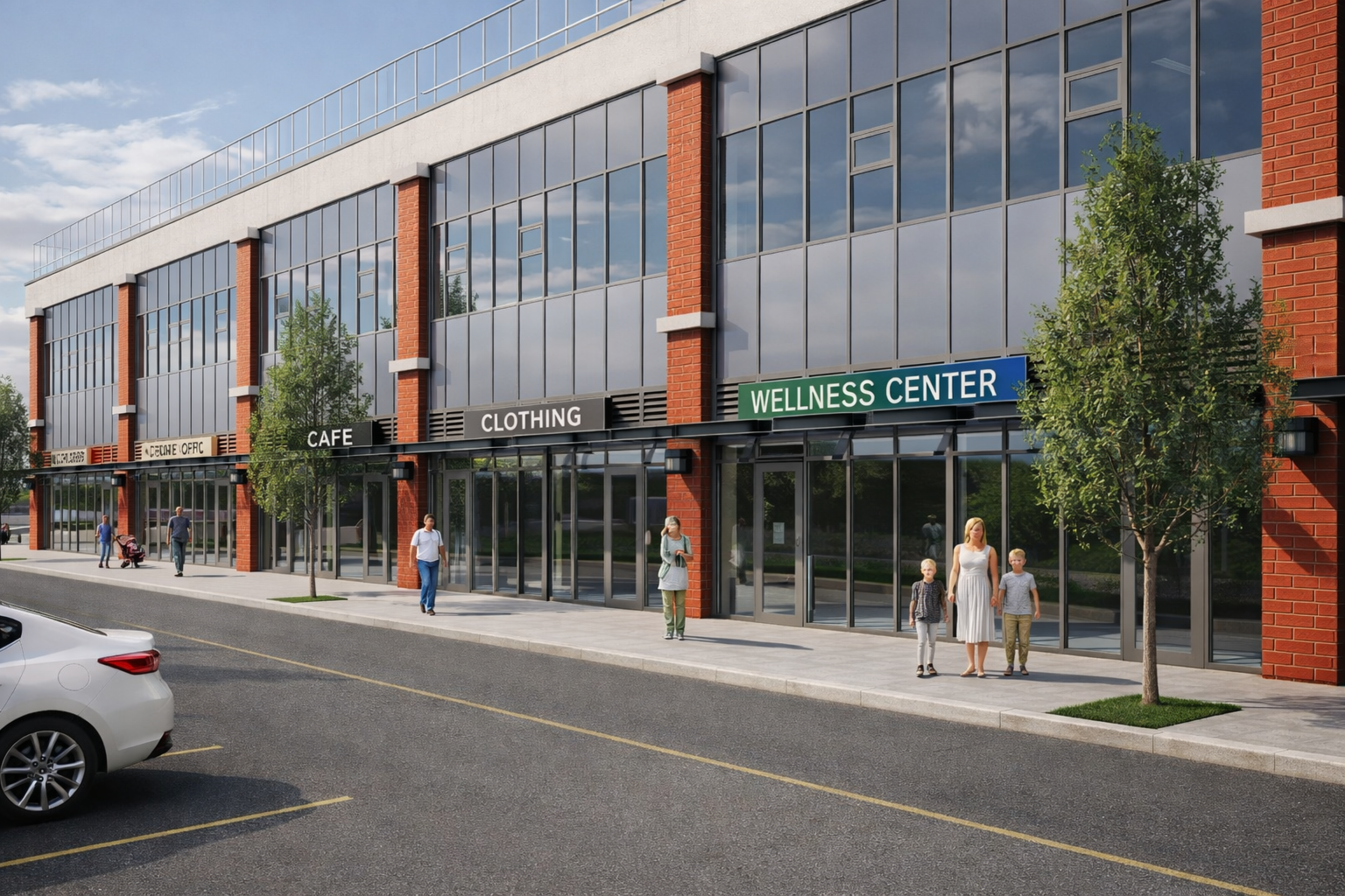 A modern three‑storey commercial building with brick and glass storefronts lines a city street. Ground‑level signs read “Cafe,” “Clothing,” and “Wellness Center,” with pedestrians and trees along the sidewalk.