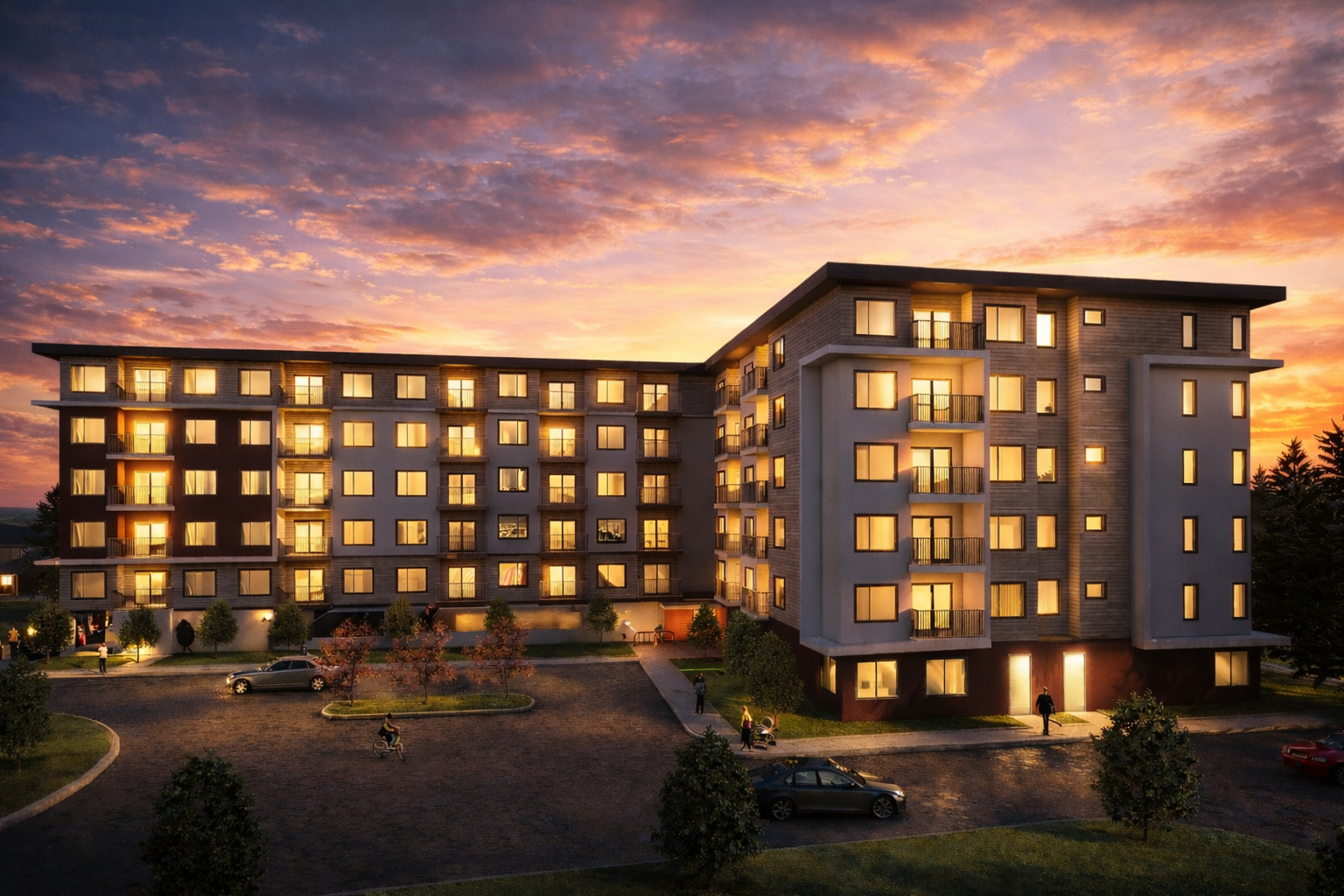 A rendered evening view of a mid‑rise apartment complex with multiple balconies and illuminated windows surrounding a landscaped courtyard. Cars, trees, and walkways are visible below beneath a dramatic sunset sky.