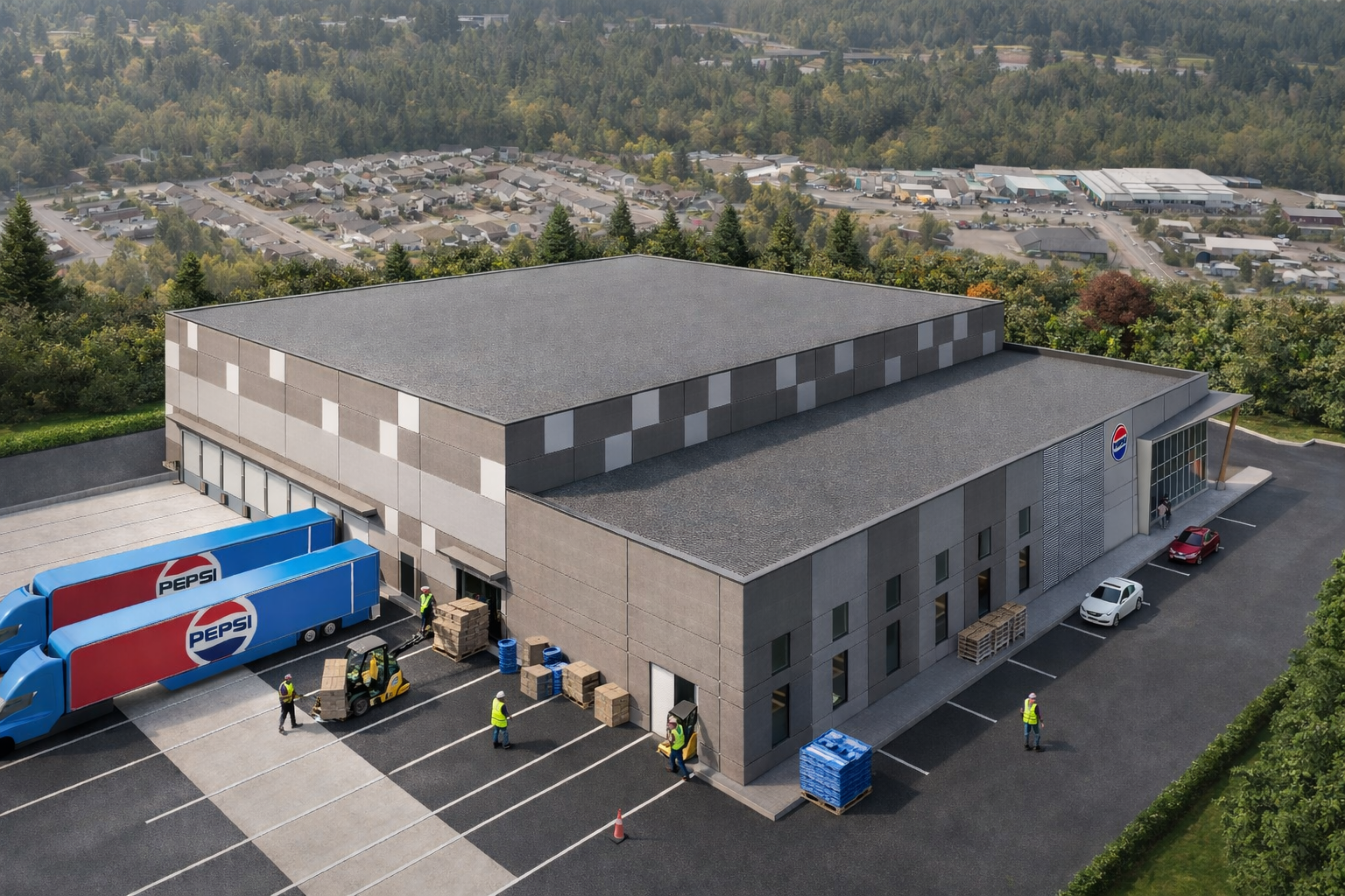 An aerial view of a Pepsi distribution facility with a gray, multi‑section building and loading bays. Delivery trucks, pallets, and workers are visible in the paved yard, with trees and a residential area in the background.