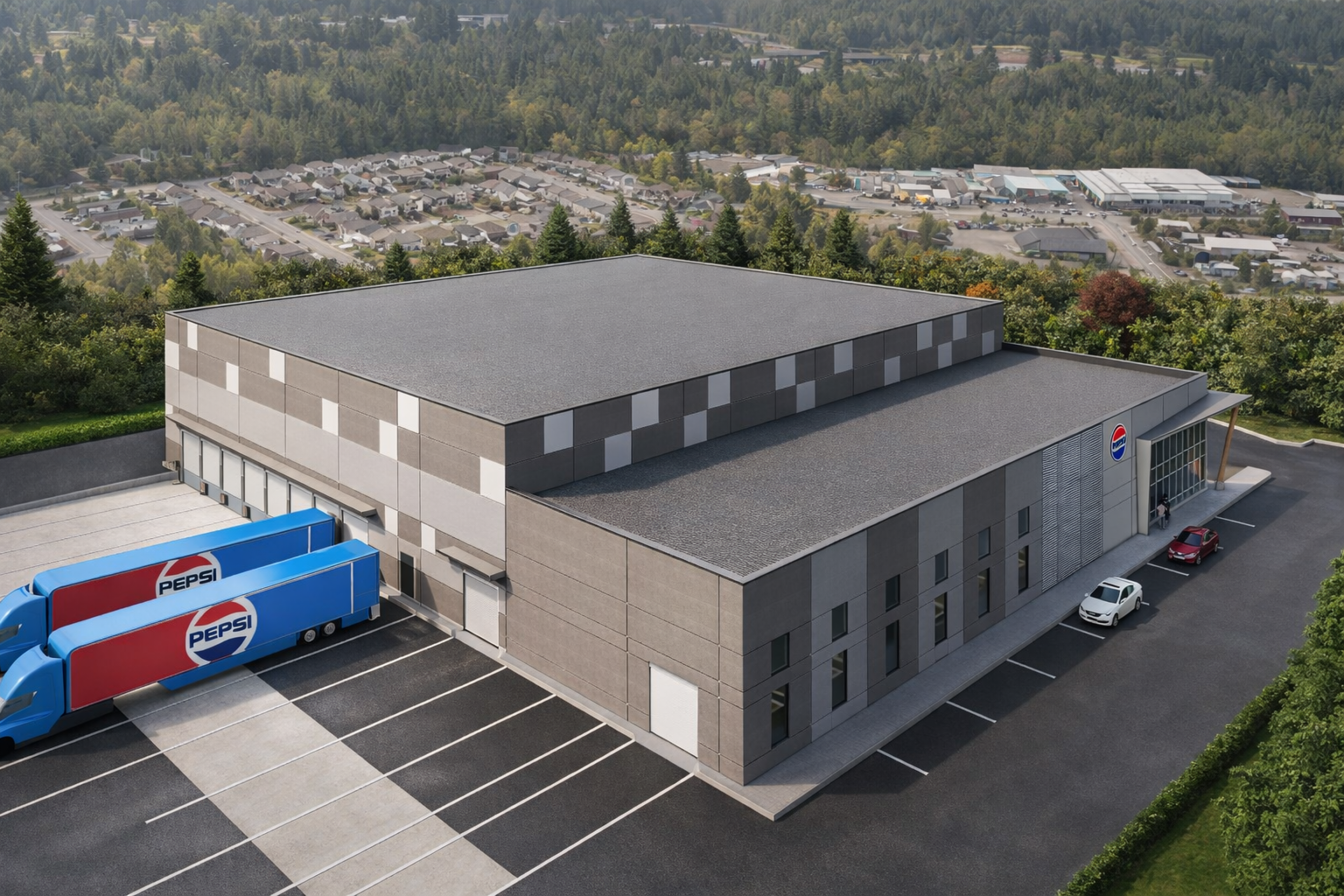 An aerial view of a large Pepsi distribution facility with a gray, multi‑section building and patterned exterior panels. Loading docks, Pepsi‑branded trucks, and a paved service yard are visible, with trees and a residential area in the background.