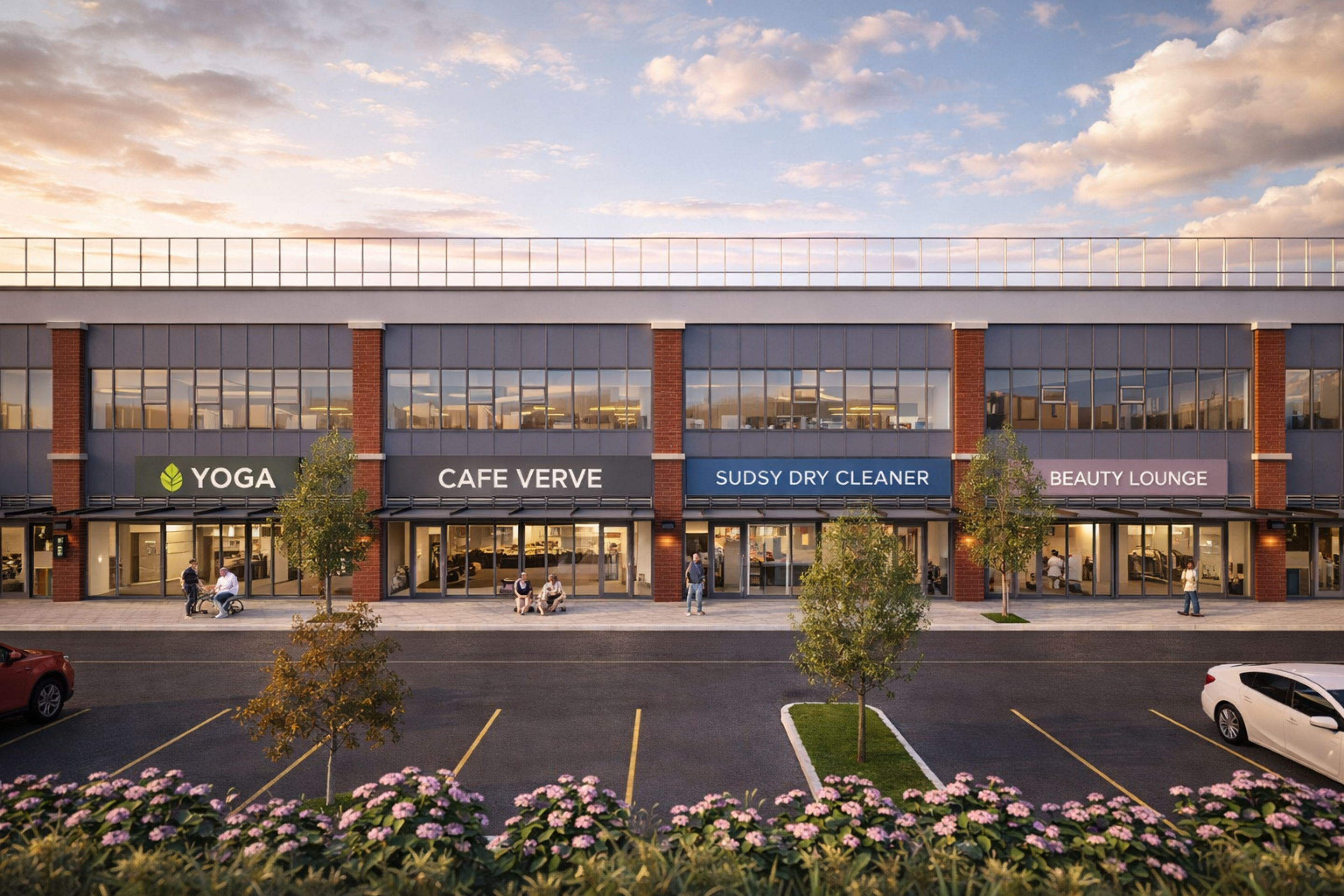A rendered view of a modern two‑storey retail plaza at dusk with brick columns and glass storefronts. Signs read “Yoga,” “Cafe Verve,” “Sudsy Dry Cleaner,” and “Beauty Lounge,” with trees, parked cars, and people along the sidewalk.