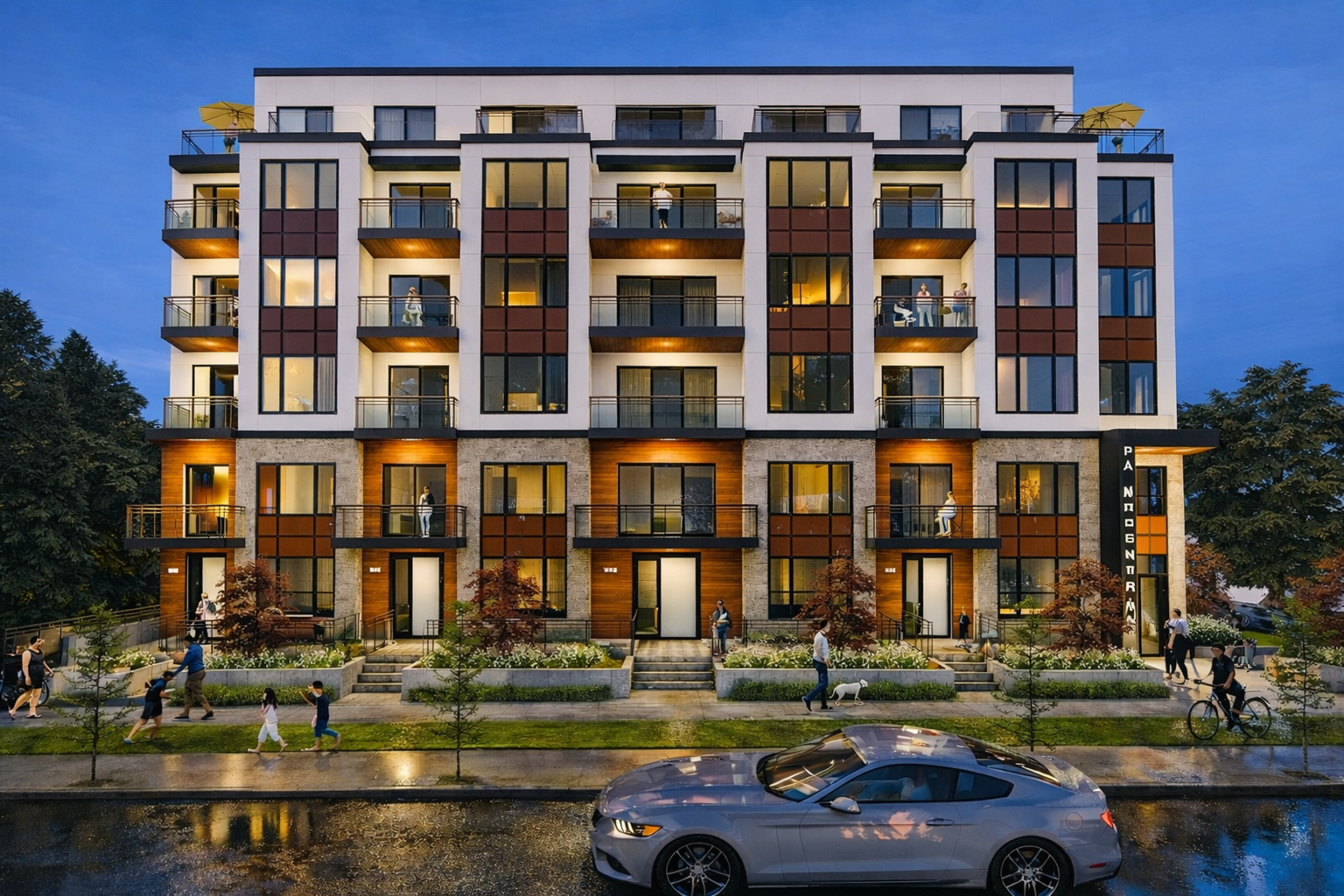 A rendered evening view of a mid‑rise residential building with stacked balconies and warm interior lighting, facing a landscaped street with trees, pedestrians, and a parked car reflecting on wet pavement.