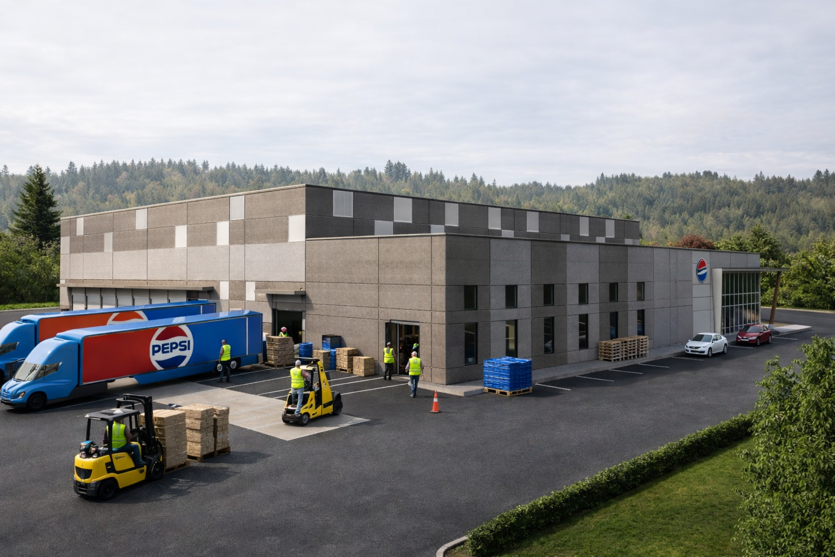 An exterior view of a large Pepsi distribution facility with a gray, block‑patterned facade and loading bays. Pepsi delivery trucks, forklifts, stacked pallets, and workers are visible in the paved service yard, with trees in the background.