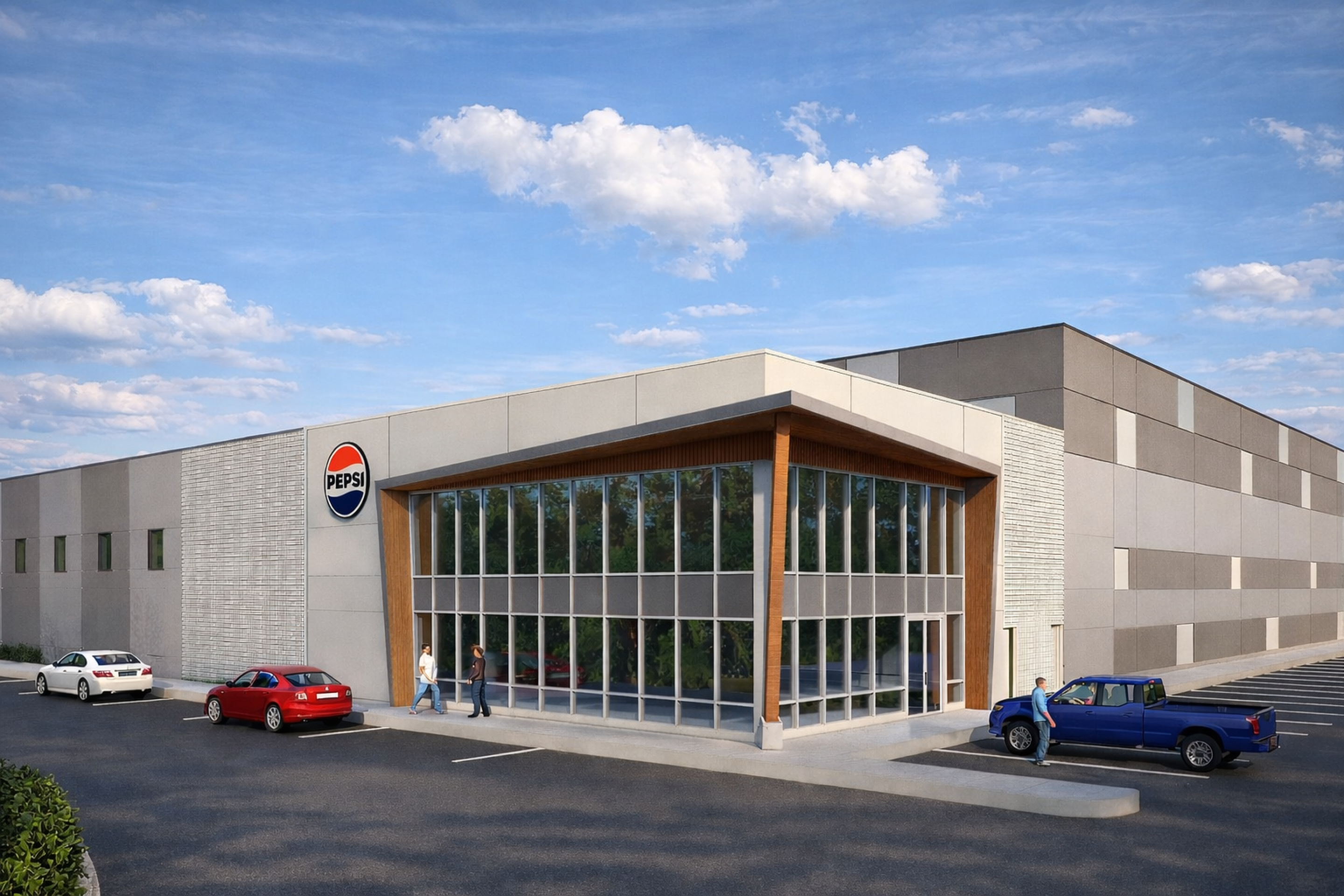 A modern Pepsi facility with a light gray exterior and a glass‑corner entrance framed by wood accents. The Pepsi logo is mounted on the facade, with parked cars and a paved parking lot in the foreground.