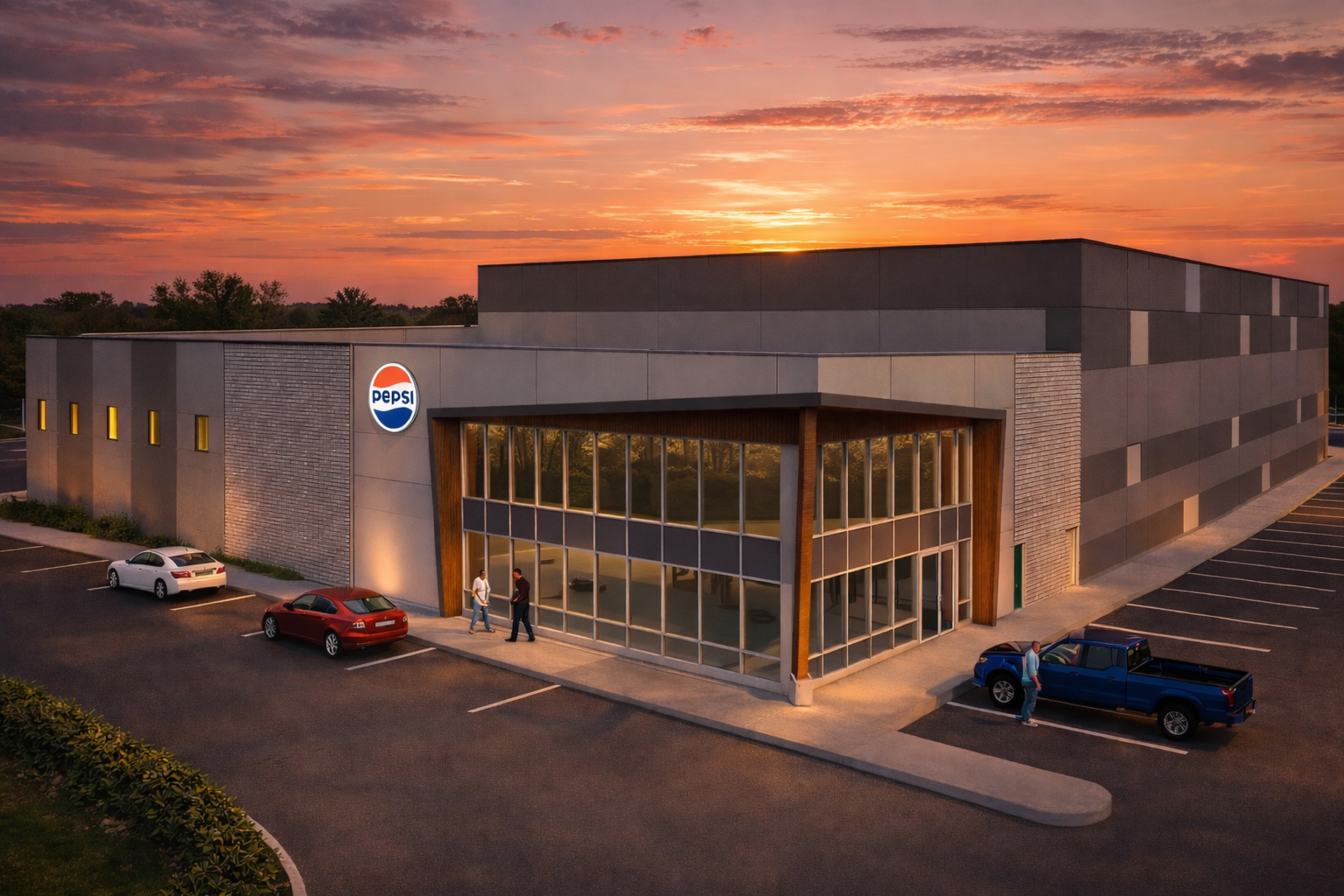 A modern Pepsi facility at sunset with a light gray exterior and a glass‑corner entrance framed by wood accents. The Pepsi logo is mounted on the facade, with parked vehicles and a paved lot illuminated by warm evening light.