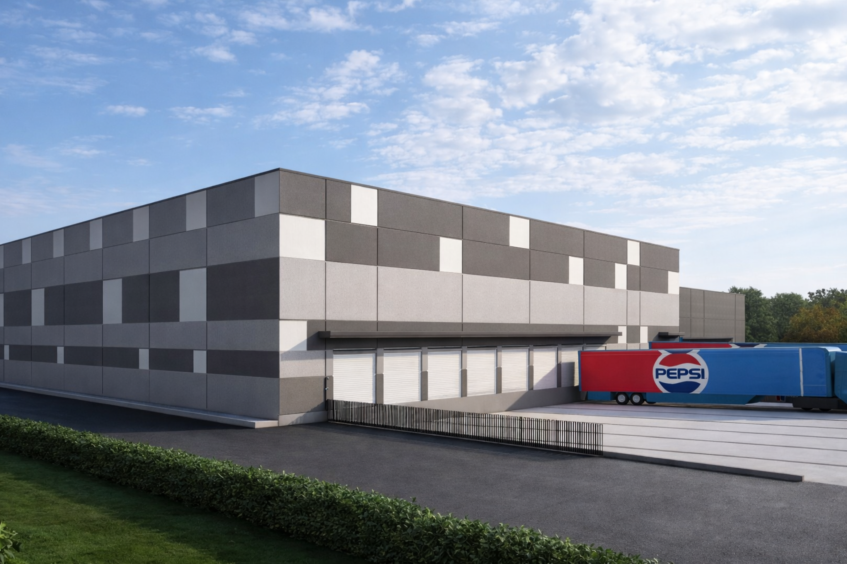 A large Pepsi distribution building with a gray, patterned exterior features multiple loading dock doors along one side. A Pepsi‑branded delivery trailer is backed into a dock beside a fenced loading area under a lightly clouded sky.