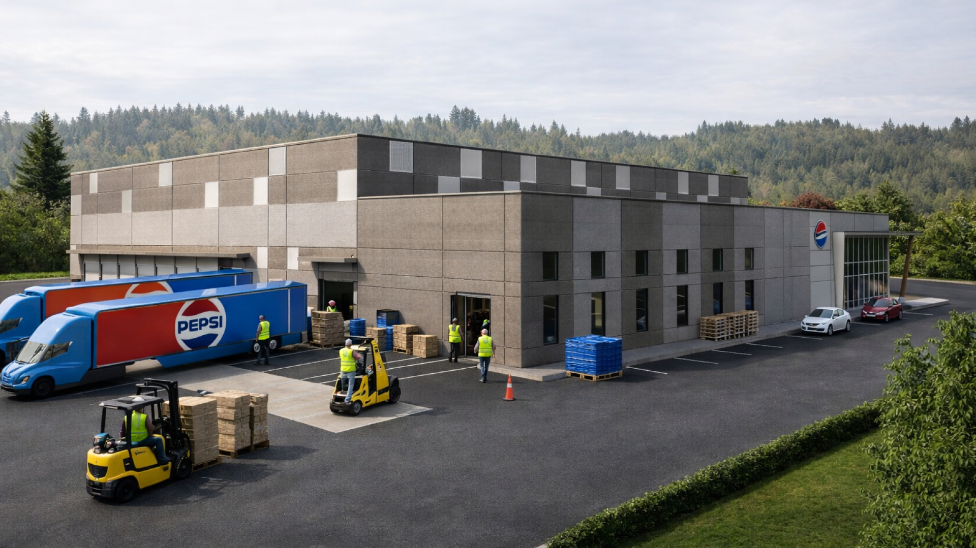 An exterior view of a large Pepsi distribution facility with a gray, block‑patterned facade and loading bays. Pepsi delivery trucks, forklifts, stacked pallets, and workers are visible in the paved service yard, with trees in the background.