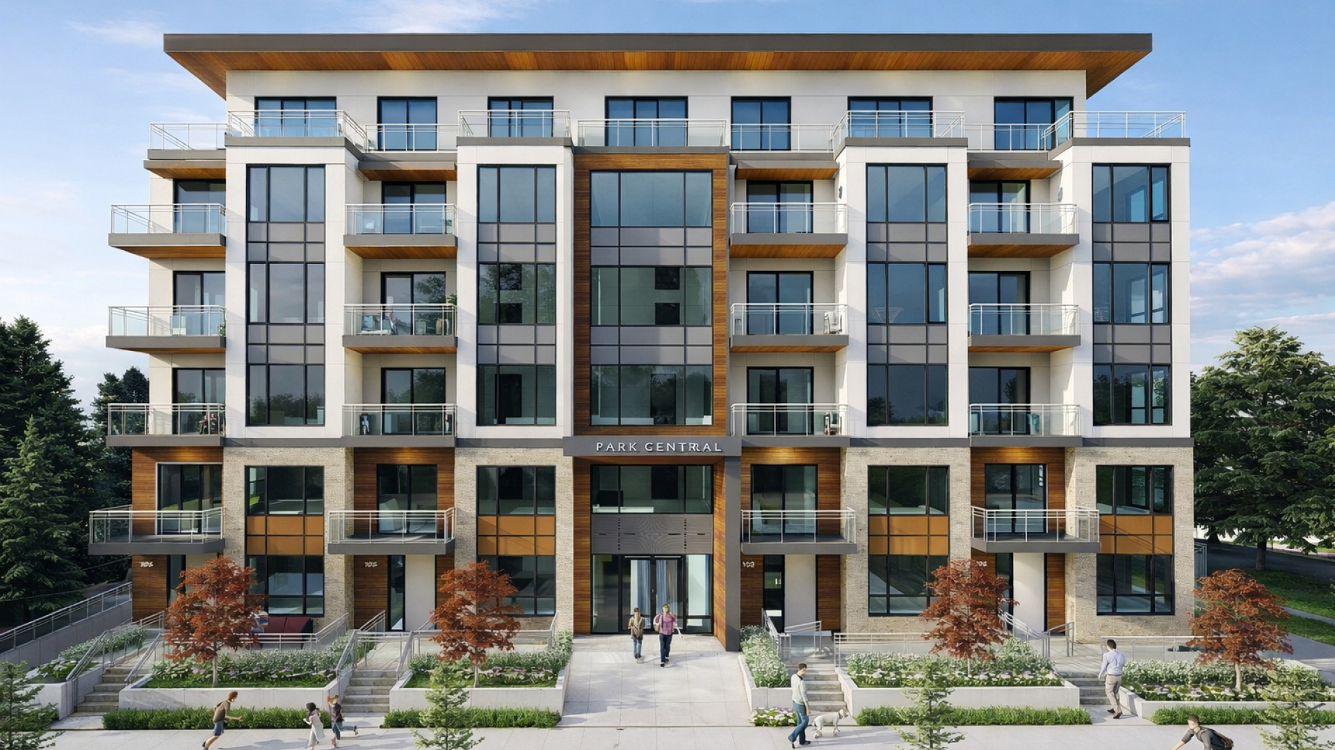 A rendered front view of a mid‑rise residential building with stacked balconies, large windows, and wood accents. A central entrance labeled “Park Central” faces a landscaped sidewalk with trees and pedestrians.