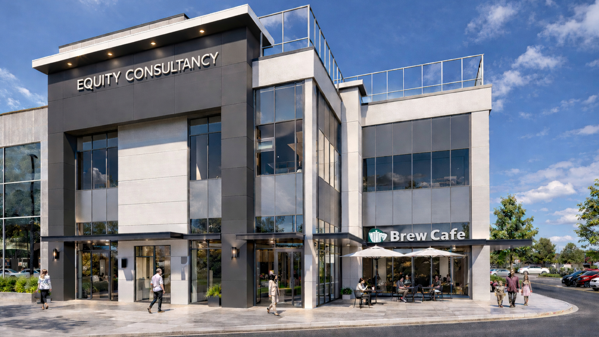 A modern three‑storey commercial building with dark and light exterior panels and large glass windows. Ground‑floor signage reads “Equity Consultancy” and “Brew Cafe,” with outdoor seating and pedestrians on the sidewalk.